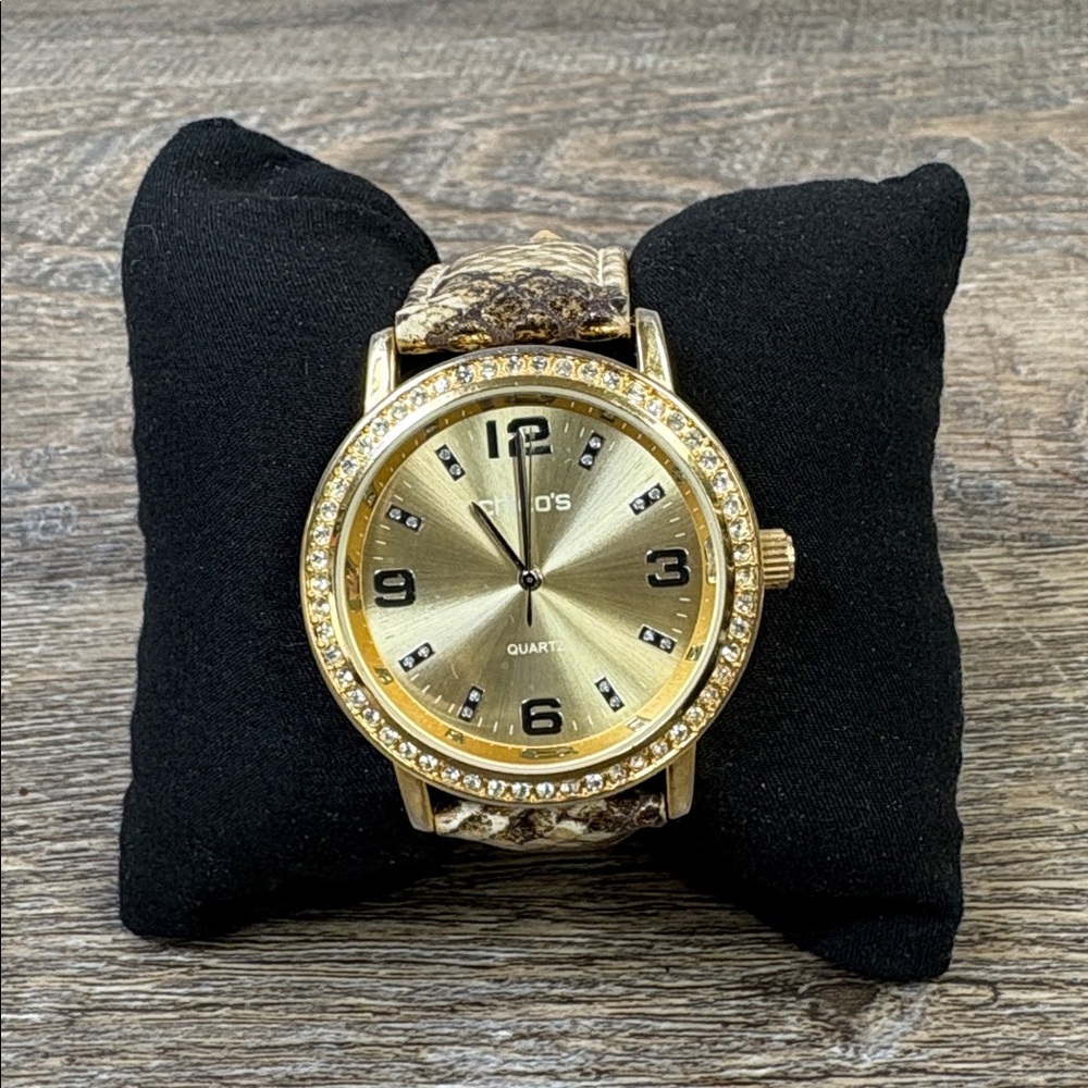 Chico’s Gold Rhinestone Bezel Watch – Snakeskin Strap – Quartz